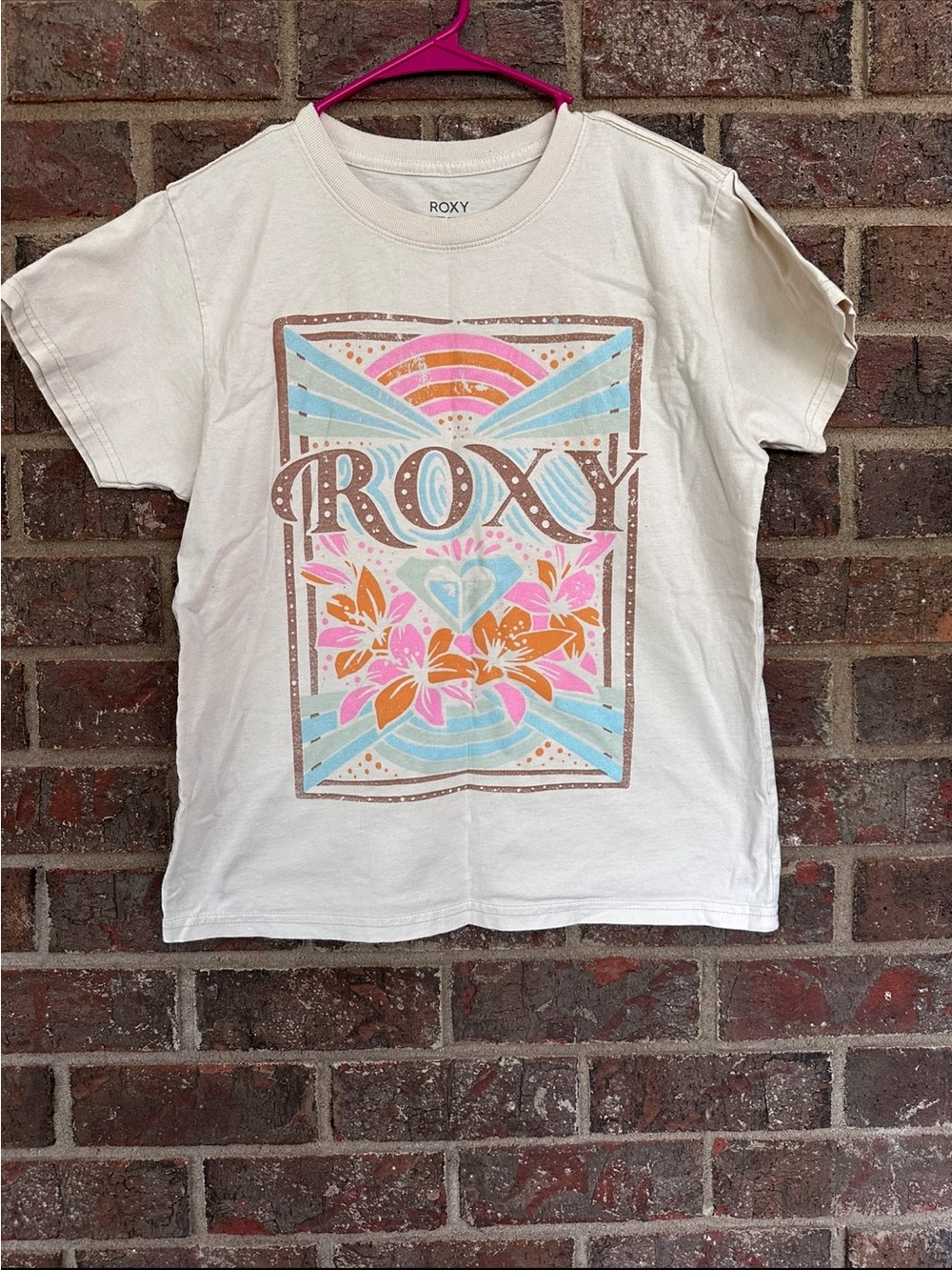 ROXY Floral Graphic Tee Cream Beige XS Surf Beachy Retro Boho Cotton T-Shirt⁠